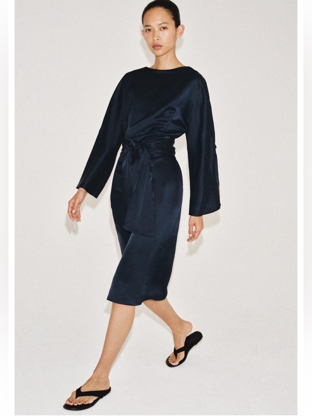 Zara ZW Collection Navy Satin Tie-Waist Midi Dress - Size S NWT
